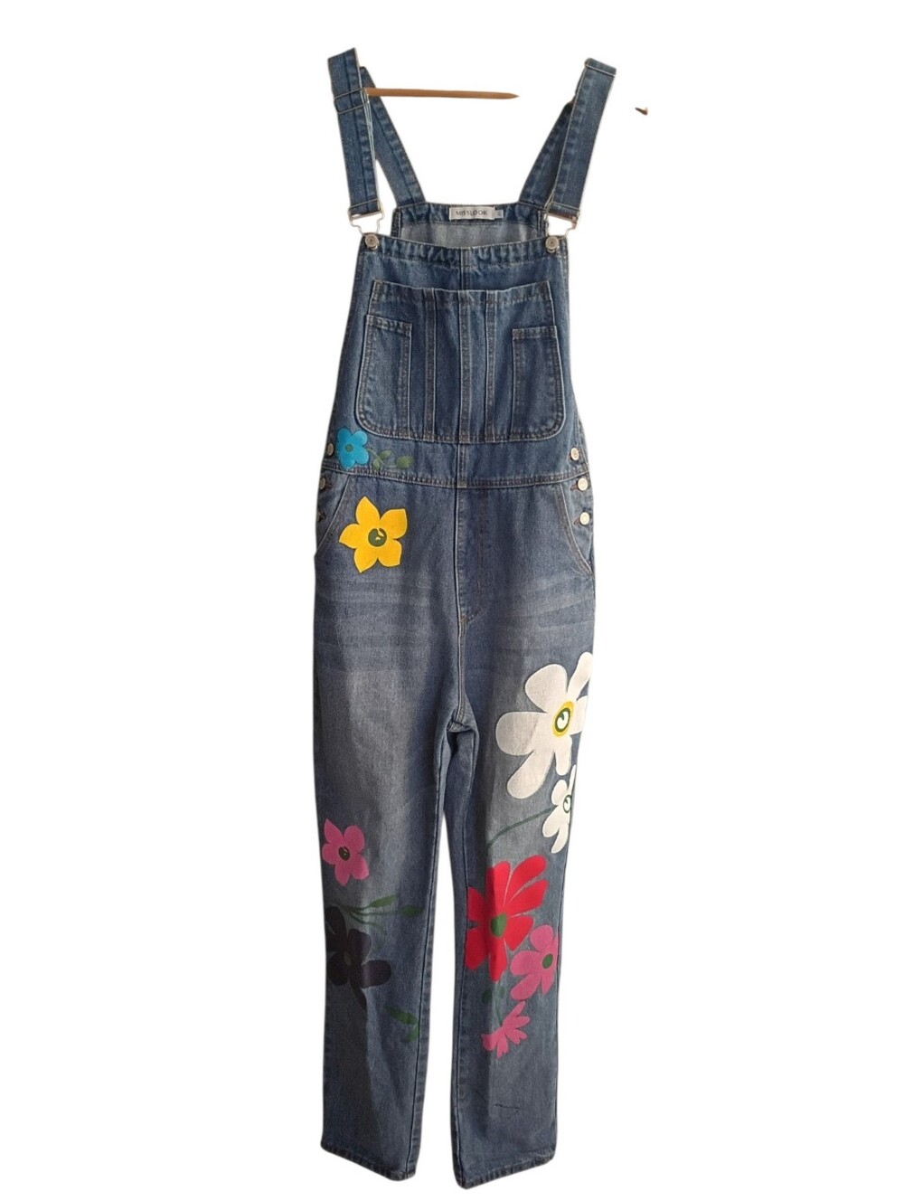 Misslook Floral Painted Denim Overalls Size Large